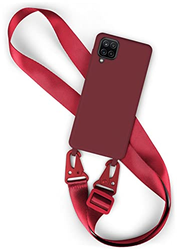 moex Hover Cover für Samsung Galaxy A12 Handyhülle zum Umhängen mit Band, Hülle mit Handykette abnehmbar, Handyband & Karabiner Lanyard Soft Case mit Verstellbarer Kette, Weinrot