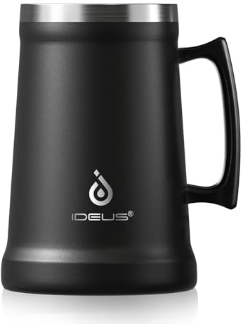 Ideus Insulated Beer Stein, 24/34oz Stainless Steel Double Walled Beer Mug Giant Bar Drinkware Metal Beer Cup with Big Grip Handle (Black, 34oz (1,000ml))