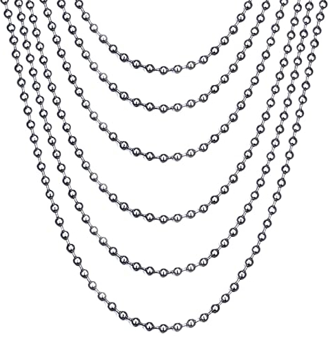 HIJONES Herren Titan Edelstahl Kugelkette Halskette Set Pack von 6 kleinen Perlen Hundemarke Link Ketten Silber 3MM 50 55 60 65 70 75CM