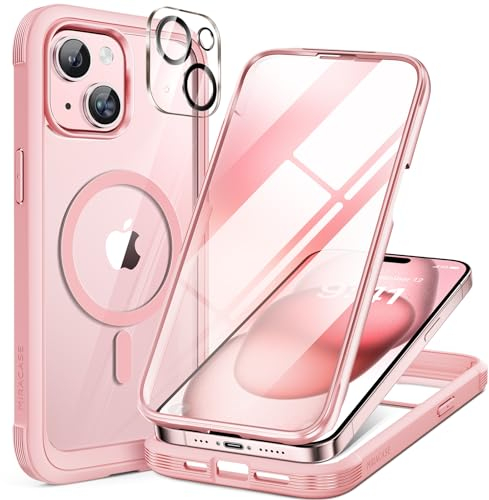 Miracase 360 Grad für iPhone 15 Plus Hülle mit Magsafe, Komplettschutz HandyHülle Magnetisch Stoßfest Leicht zu installierendes Schutzhüllen, Eingebaut Glas Schutzfolie, 6,7 Zoll, Rosa