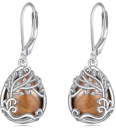 Tigerauge Stein Ohrringe für Damen 925 Sterling Silber Lebensbaum Ohrringe Leverback Baum des Lebens Schmuck Geschenke (KK-Baum des Lebens Tigerauge Stein)