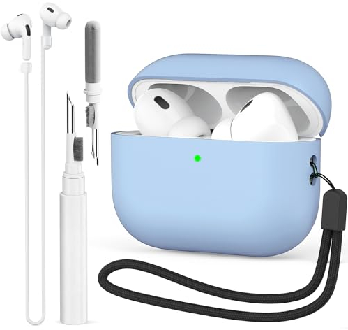 BEAUDOM Custodia in Silicone per Airpods Pro 2 [Supporto USB-C] [Ricarica Wireless] Con Penna di Pulizia e Fascia di Supporto - 2a Generazione (Azzurro)