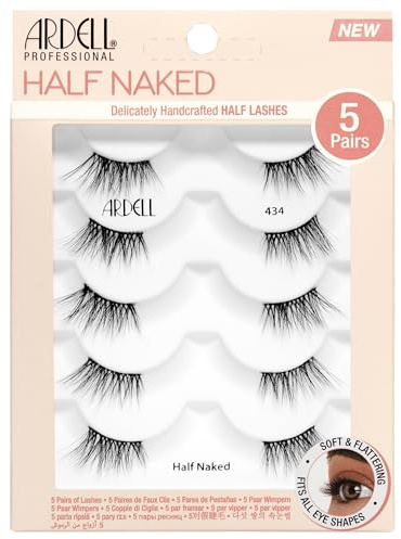 Ardell Half Naked 434 False Eyelashes, Natural Cat Eye False Lashes, Light Volume & Lift, Winged Silhouette, Soft & Lightweight, Pre-Cut Eyelash Strip for Outer Corner Lift, 5 Pairs of Half Lashes