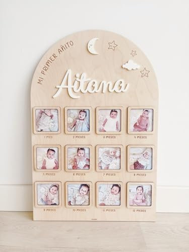 MONAMI Cadre photo personnalisé ma première année de bébé. Cadre 12 mois, un souvenir inoubliable et unique de la croissance de votre enfant. Fabriqué en bois naturel et artisanal.