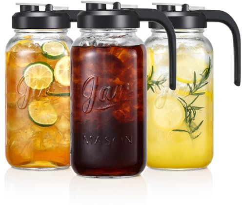 Glass Pitcher with Lid - 2 Quart Mason Jar Pitcher with Filter Lid, Wide Mouth Jar Leak-proof Water Jug, Heavy Duty Container for Water, Juice, Milk, Tea, Iced Coffee, and Drinks - Set of 3