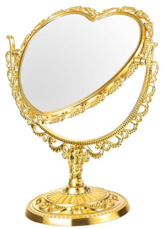 BELLIFFY Vintage Doppelseitiger Kosmetikspiegel Mit Herzform Stufenlos Drehbar Fester Stand Für Make-up Rasur Und Styling Platzsparend Für Schlafzimmer Und Badezimmer