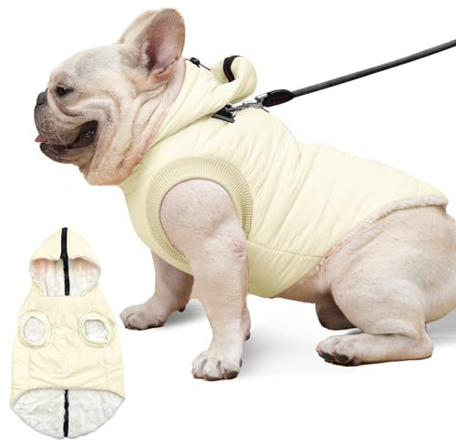 Vecomfy Hunde-Kapuzenpullover mit integriertem Geschirr, extra warm, für mittelgroße Hunde im Winter, Hundemantel mit Kapuze, Hellgelb, Größe L