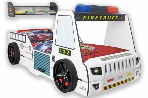 Aileenstore Feuerwehrbett Kinder 90x200 Spielbett Kinderbett Rio Firetruck Autobett Hochglanz mit LED Leuchte (Weiß, mit Bettwäsche und Wandregal)