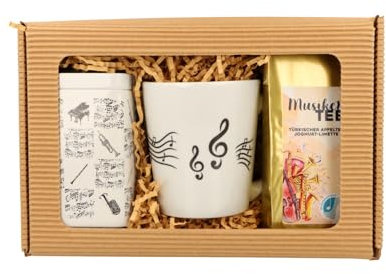 Geschenkset für Teeliebhaber und Musikfans: Musik-Tasse, Früchteteemischung und Aufbewahrungsdose, 3-teilig (Set, Querflöte)