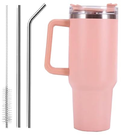 40oz Tumbler with Straw Lid and Handle | 1200ml Insulated Cup with Straw Travel Mug for Girls| Thermos Water Bottle for Hot and Cold 2 Stainless Steel Straws 1 Cleaning Brush- Peach