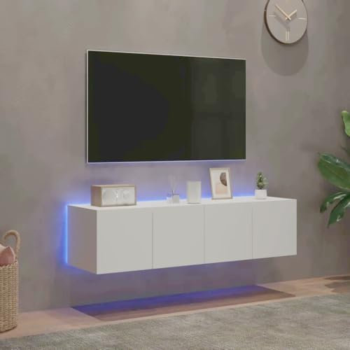 Canditree Ensemble Meubles TV Suspendu avec Lumières LED, 120cm Meuble TV Mural avec Rangement, étagère TV Flottante (Blanc)