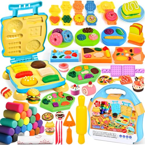 BBLTIFF 49 Piezas Juego de Plastilina, Herramientas Plastilina para Niños, Accesorios Plastilina para Crear Hamburguesas y Pizza, con 24 Plastilina y Máquina de Hamburguesas