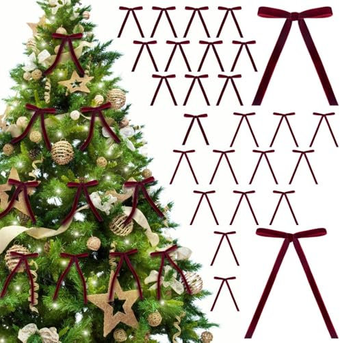 JIABAOZ Tannenbaum Schleifen Samt, Schleifen Samt Christbaum, 12/24 Stück Rote Samtschleifen Für Christbaumschmuck, Kranz, Girlande Samtschleifen Mit Goldenen Drehbändern (12 pcs,dunkelrot)