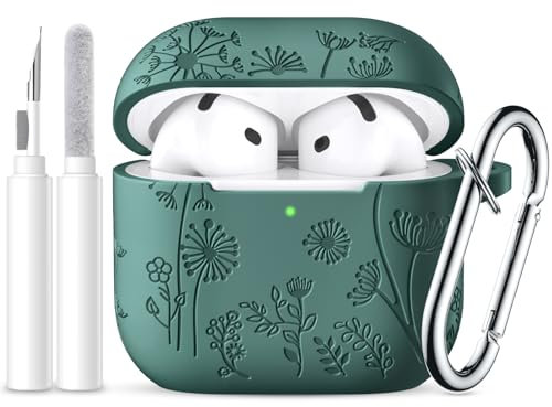Ouwegaga Blumen-Gravierte Hülle für AirPods 4 Hülle 2024, Stoßdämpfender Weiche Silikon AirPods 4 Case Kompatibel mit Apple AirPods 4. Generation, LED Sichtbar, mit Karabiner&Reinigungskit,Kieferngrün