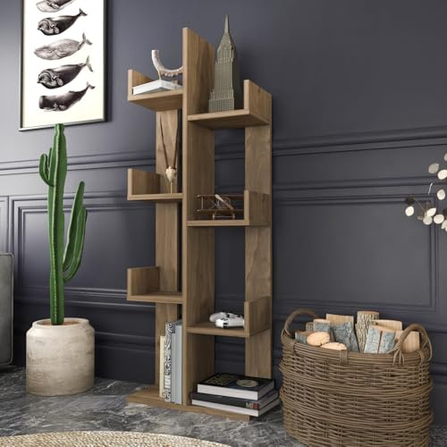 Modern Walnut Bookshelf, 50 x 22 x 173 cm | 100% Melamine Coated Particle Board, 18 mm Thick | Stylish Storage Solution for Home & Office