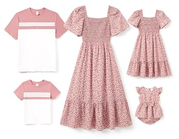PATPAT Familien Outfits Set Kurzarm Boho-Stil, Partnerlook Mutter Tochter Kleid, Passende T-Shirt & Mutter Kind Kleider Mama Tochter Kleidung Sommer, Couple Paare Damen S
