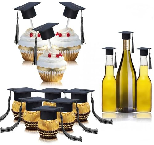 12 Stück Schwarz Cake Topper Abschluss Hut Torten Deko, Bachelor Hut Tortendeko, Mini Weinflasche Deko mit Schwarz Quasten, Abschluss Kuchen Deko für Graduation Party, Abschlussfeier (A)
