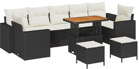 vidaXL Garten-Sofa-Set 10 pcs Schwarz und Creme 90 x 55 x 71 cm, Garten-Sofa, modernes Outdoor-Möbelset, UV-beständige Materialien, abnehmbare Kissen, Rattan-Lounge, Patio-Sektionsmöbel