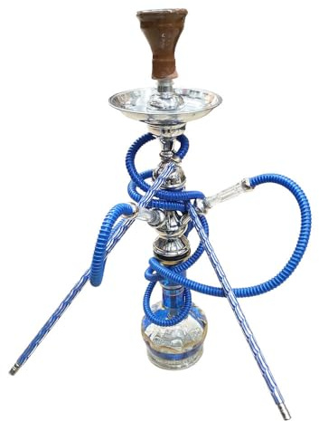 Chicha égyptienne artisanale sans nicotine, 62 cm environ, 2 bouches, set complet avec manche inoxydable, 2 tuyaux lavables, bouteille en verre et accessoires (bleu)
