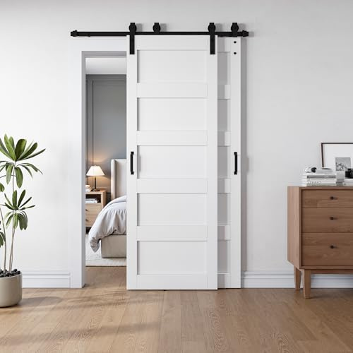 SmartStandard Juego de puerta de granero doble blanca de 30 x 84 pulgadas, puertas correderas de MDF de 5 paneles con kit de herrajes para puerta de granero de derivación de 6 pies, diseño que ahorra