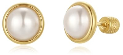 TIZU Orecchini di Perle in Oro 14K per le Donna | D'acqua Dolce Coltivate Chiusura a Vite Orecchini di Perle Mezzo Cerchio(10mm)