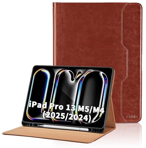 Coque Compatible avec iPad Pro 13 Pouces Étui M5/M4 (2025/2024) A3360/ A3361/ A3362/ A2925 Étui Cover en PU Tablette avec Poche et Porte-Stylo, Flip Portefeuille Housse avec Fonction Support (Marron)