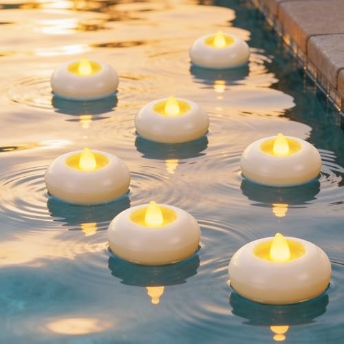 AMAGIC 2 inch Waterproof Outdoor Floating Candles, Battery Tealights | Flameless Electric Fake Indoor Candle, Long Last 200+Hour, for Pool, Garden Pond, SPA, Cylinder Vases, Wedding Decor, 24 Pack