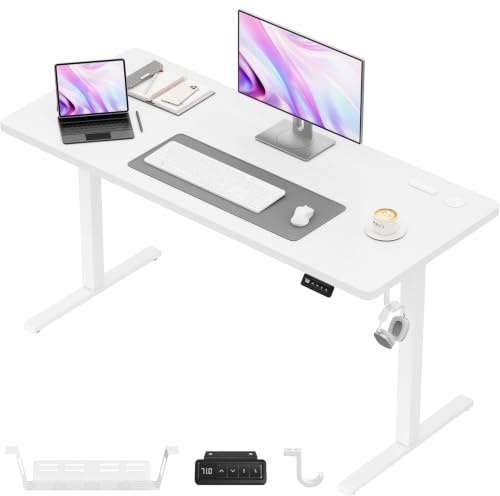 JUMMICO Elektrisch Höhenverstellbarer Schreibtisch 140 x 60 cm, Schreibtisch Höhenverstellbar mit 2 Memory-Funktion, Steh-Sitz Bürotisch, Computertisch mit Kabelmanagement Box, Wolkenweiß
