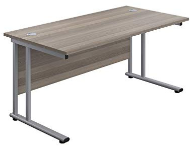 Office Hippo Heavy Duty Rectangular Cantilever Office Desk, Home Office Desk, Office Table, Integrated Cable Ports, PC Desk For Office or Home, 5 Yr Wty - Silver Frame/Grey Oak Top, 160cm x 80cm