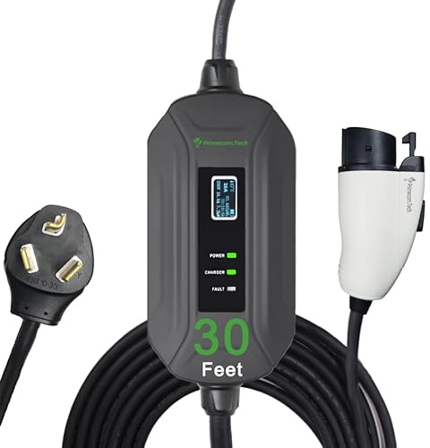 PRIMECOM Level 2 Electric Vehicle (EV) Charger (220V / 240Volt, 16Amp) Portable EVSE Smart Electric Car Charger, 30', 40', and 50 Feet Lengths (30 Feet, 10-30P)