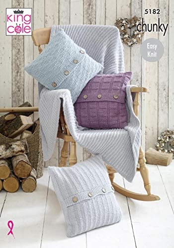 King Cole Chunky Knitting Pattern Easy Knit Blanket & Rib Check or Garter Stitch Cushions (5182)
