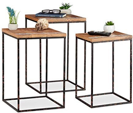 Relaxdays Beistelltisch 3er Set, Mangoholz & Metall, Stilmix, Wohnzimmer, Satztische in versch. Größen, braun/schwarz