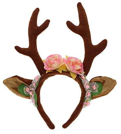 Amakando Niedlicher Geweih-Haarreifen mit Blüten/Braun-Rosa/Blüten-Haarschmuck Rentier/EIN Blickfang zu Karneval & Mottoparty