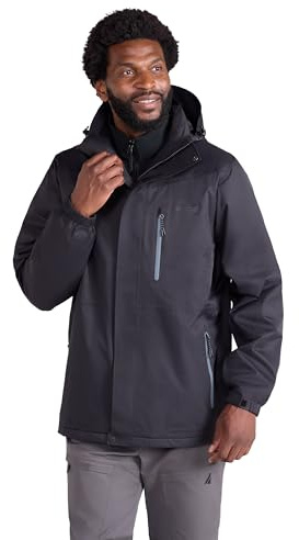 Mountain Warehouse Bracken Extreme Mens 3 in 1 Waterproof Jacket – Adjustable Mens Coat, Warm Rain Jacket, Headphone Compatible Outerwear – For Camping, Walking Black XXS