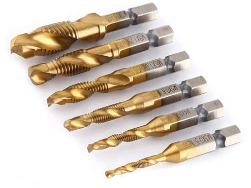 Brocas Roscadoras Metal, Broca Con Rosca, Brocas métrica, drill broca combinacion de 6 piezas, juego de brocas de rosca, broca macho rosca, M3 a M10 y macho para taladrar roscado avellanado