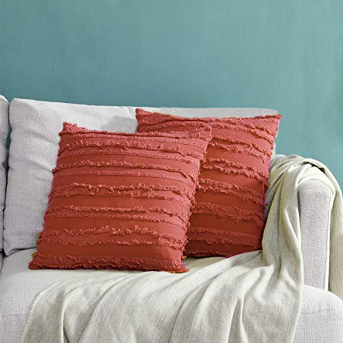 OMMATO Kissenbezug 40x40cm mit Tassel Dekokissen Boho Kissenbezüge Dekorative Kissenhülle für Sofa Couch Schlafzimmer Wohnzimmer Koralle 2er Set