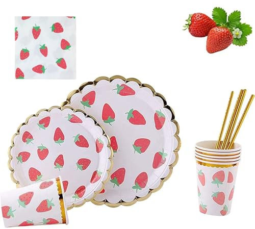 MaitianGuyou Service de table jetable pour fête sur le thème de la fraise, fournitures de décoration comprenant assiettes, serviettes et tasses pour fête de fruits, fête prénatale, pour 20 invités
