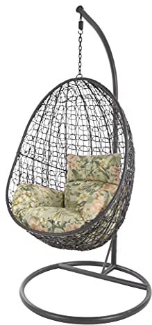 KIDEO Komplettset: Hängesessel mit Gestell & Kissen, Korbsessel, Poly-Rattan (Gestell- und Korbfarbe: dunkelgrau, Kissen: Blumenmuster Nest (5101_Tropical_Garden))