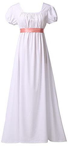 BLESSUME Robe de Régence pour Femmes Manches Bouffantes à Volants Ceinture Robe de Bal à Taille Empire (L, Blanc)