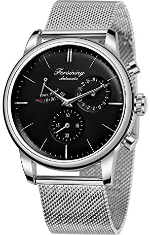 BOLYTE Herren-Armbanduhr Automatisch Mechanisch Analog, Seagull-Uhrwerk Automatische Datumsanzeige Gangreserve-Anzeige Edelstahlband Business-Armbanduhr, Silber Schwarz