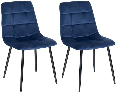 CLP 2er Set Esszimmerstuhl Tilde I Küchenstühle gepolstert mit gestepptem Bezug I Polsterstühle mit Metallgestell I Bis 150 kg belastbar, Farbe:blau, Material:Samt