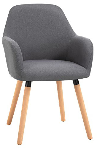 HOMCOM Esszimmerstuhl Wohnzimmerstuhl Bürostuhl Polsterstuhl Sessel mit Rückenlehne Anti-Rutsch Leinenstoff Schaumstoff Buchenholz Dunkelgrau+Natur 56 x 60 x 85 cm