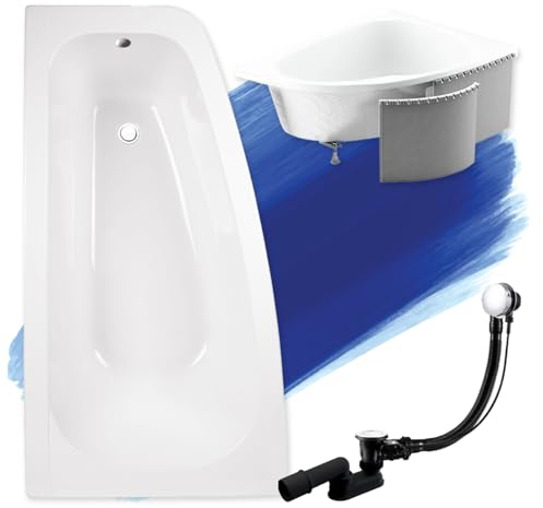 BADLAND Badewanne Original Weiß Acryl Wanne Eckbadewanne LUNA 150x80 Links KOMPLETTSET SET mit Premium Styroporverkleidung + Füßen und Exklusive Chrom Automatik Ablaufgarnitur Made in EU 4in1