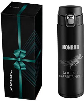 Maverton Trinkflasche mit Gravur 400 ml - Thermobecher auslaufsicher 100% dicht - Easy-Clean-Deckel - Thermoskanne aus Edelstahl - für Männer zum Geburtstag - schwarz - Läufer