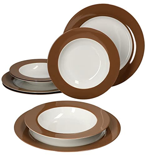 MamboCat 8tlg Tafel-Service Nougat Doppio für 4 Personen I 4x Suppenteller Ø22cm & 4x Speiseteller Ø27cm I Weiß mit braunem Rand I Porzellan-Geschirr I tiefer Salat-Teller, Essteller, Grillplatte