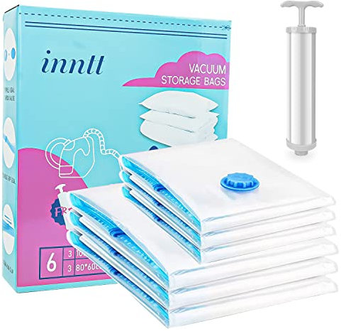Vakuumbeutel kleidung,6 Stück Vakuumierbeutel (3 Groß 100x80cm + 3 Mittel 80x60cm+1 Handpumpe) Vacuum Bags for Clothing Wiederverwendbar Aufbewahrungsbeutel