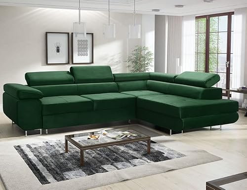 MODERNO Ecksofa mit Schlaffunktion und Bettkasten Avesta - Sofa +3 Sitzen mit Robusten Metallfüße - Schlafcouch L-Form - Modern Couch 277x203x73 cm - Ecke Rechts Velours Flaschengrün