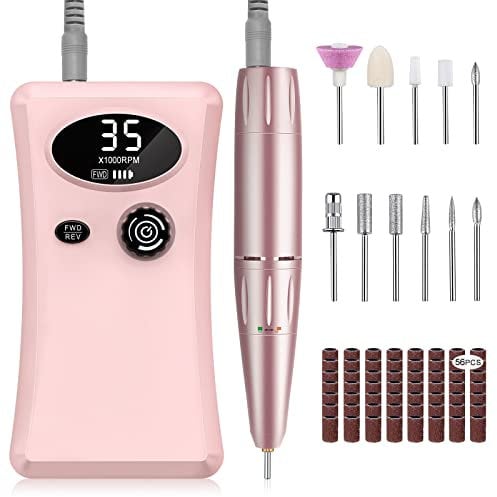 Urbuti Fresa per Unghie Professionale,35000 RPM Portatile e Ricaricabile con 11 Testine Iucidanti e 56 Nastri Abrasivi e Schermo LCD,per Manicure e Pedicure e Gel e Acrilico,per Casa e Salone (Rosa)