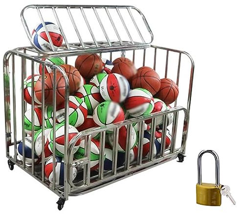 Carrello Porta Palline Cesto Carrello per palloni da basket di grandi dimensioni Campo da basket per scuole Gabbia per pallavolo in acciaio inox con ruote di bloccaggio, con un'ampia gamma di accessor