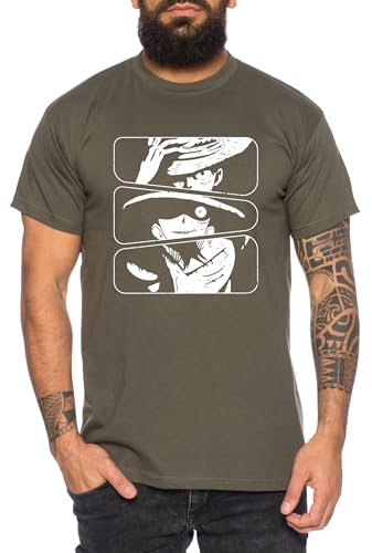 Ruffy Mix - Herren T-Shirt Straw Hat Luffy Zoro One Monkey D. Pirat Ace Piece Goku Anime Ruffy, Größe:L, Farbe:Khaki